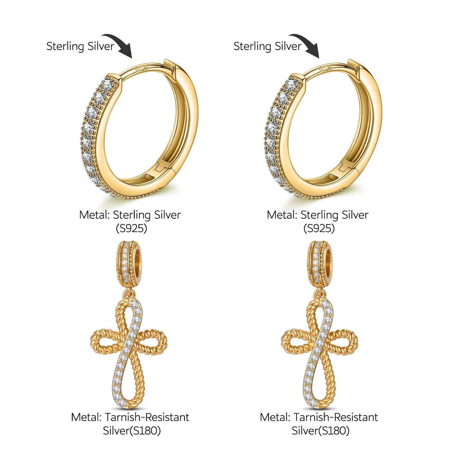 Sterling Silver Faithful Elegance Charms Earrings Set In 14K Gold Plated