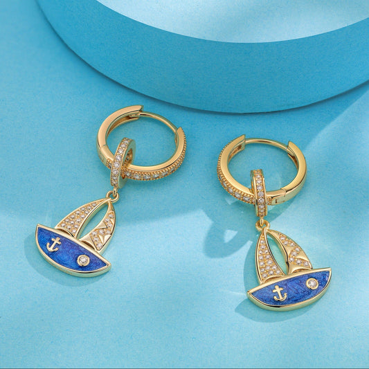gon- Sterling Silver Sail of the Voyage Charms Earrings Set In 14K Gold Plated