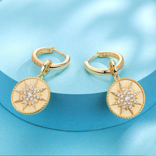 gona- Sterling Silver Morning Star Charms Earrings Set In 14K Gold Plated