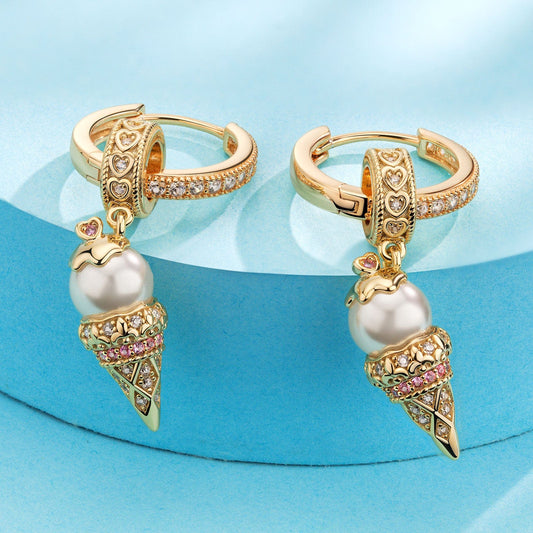 gon- Sterling Silver Pearl Ice Cream Charms Earrings Set In 14K Gold Plated