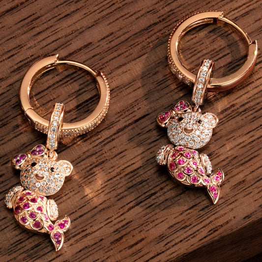 gon- Sterling Silver Pink Mermaid Bear Charms Earrings Set In Rose Gold Plated