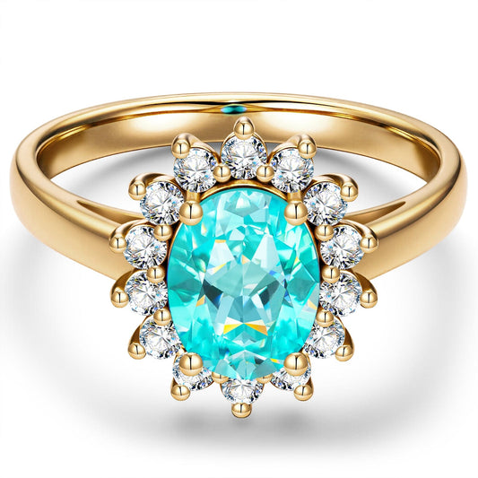 gona- Oval Brilliant Cut Electric Lagoon Hue Lab-Certified Paraiba Tourmaline - Halo Classic Engagement Ring 14K Yellow Gold Plated (Includes GRC Certification from Gemstone Research Center)