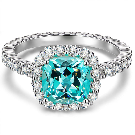 gona- Cushion Cut Electric Lagoon Hue Lab-Certified Paraiba Tourmaline - Halo Classic Engagement Ring White Gold Plated (Includes GRC Certification from Gemstone Research Center)
