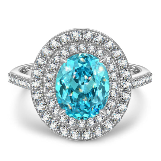 gona- 8*10mm Oval Modified Brilliant Cut Fancy Vivid Blue Ice-Frosted Sparkle Lab Zircon - Halo Classic Engagement Ring White Gold Plated