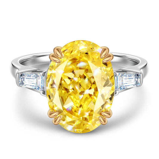 gona- 10*14mm Oval Modified Brilliant Cut Fancy Vivid Yellow Ice-Frosted Sparkle Lab Zircon - Three Stone Classic Engagement Ring White Gold Plated