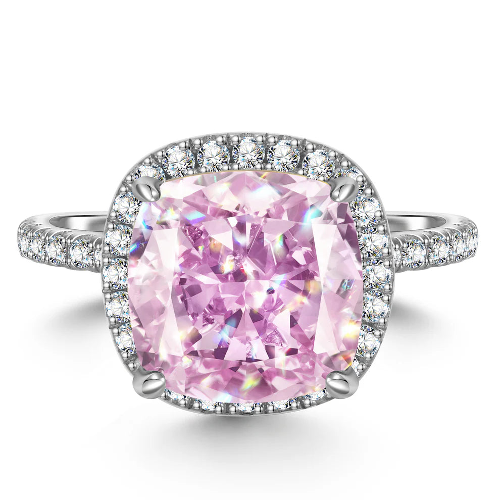 10*10mm Cushion Modified Brilliant Cut Fancy Vivid Pink Ice-Frosted Sparkle Lab Zircon - Halo Classic Engagement Ring White Gold Plated