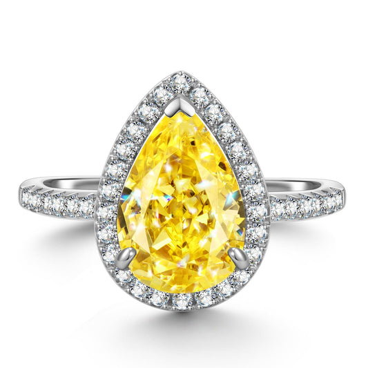gona- 8*12mm Pear Modified Brilliant Cut Fancy Vivid Yellow Ice-Frosted Sparkle Lab Zircon - Halo Classic Engagement Ring White Gold Plated