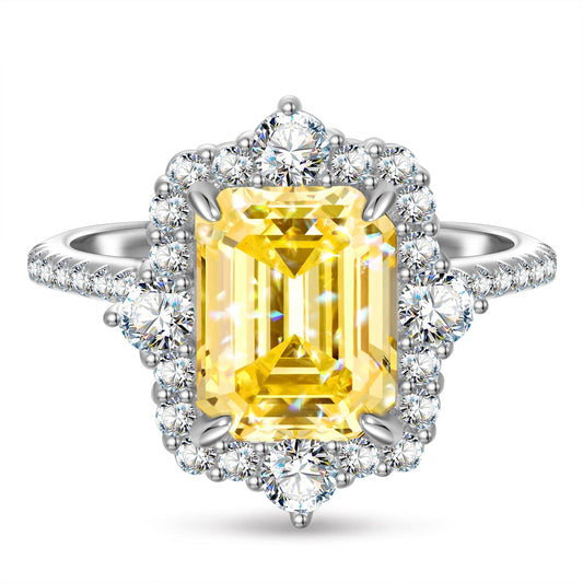 gona- 8*10mm Emerald Modified Brilliant Cut Fancy Vivid Yellow Ice-Frosted Sparkle Lab Zircon - Halo Classic Engagement Ring White Gold Plated