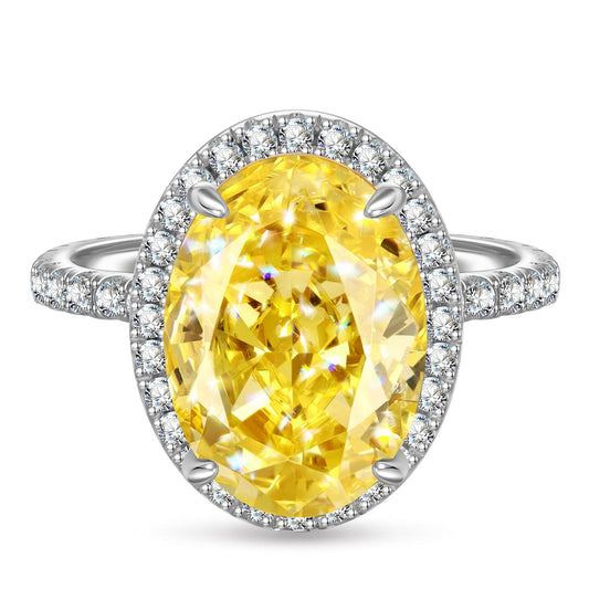 gona- 10*14mm Oval Modified Brilliant Cut Fancy Vivid Yellow Ice-Frosted Sparkle Lab Zircon - Halo Classic Engagement Ring White Gold Plated