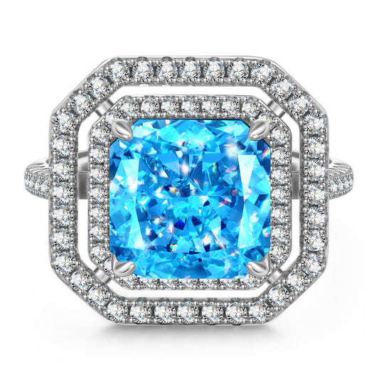 gona- 10*10mm Radiant Modified Brilliant Cut Fancy Vivid Blue Ice-Frosted Sparkle Lab Zircon - Halo Classic Engagement Ring White Gold Plated