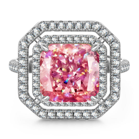 gona- 10*10mm Radiant Modified Brilliant Cut Fancy Vivid Pink Ice-Frosted Sparkle Lab Zircon - Halo Classic Engagement Ring White Gold Plated