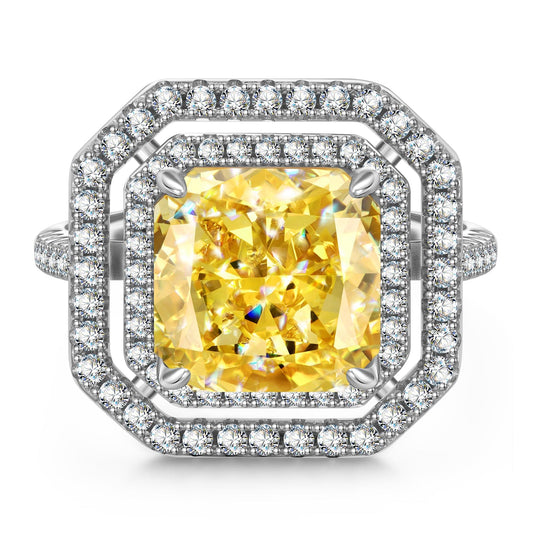 gona- 10*10mm Radiant Modified Brilliant Cut Fancy Vivid Yellow Ice-Frosted Sparkle Lab Zircon - Halo Classic Engagement Ring White Gold Plated