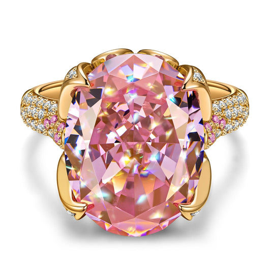 gona- 16*12mm Oval Modified Brilliant Cut Fancy Vivid Pink Ice-Frosted Sparkle Lab Zircon - Pave Classic Engagement Ring 14K Yellow Gold Plated