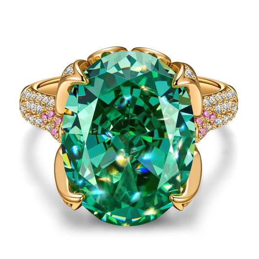 gona- 16*12mm Oval Modified Brilliant Cut Paraiba Lagoon Hue Ice-Frosted Sparkle Lab Zircon - Pave Classic Engagement Ring 14K Yellow Gold Plated