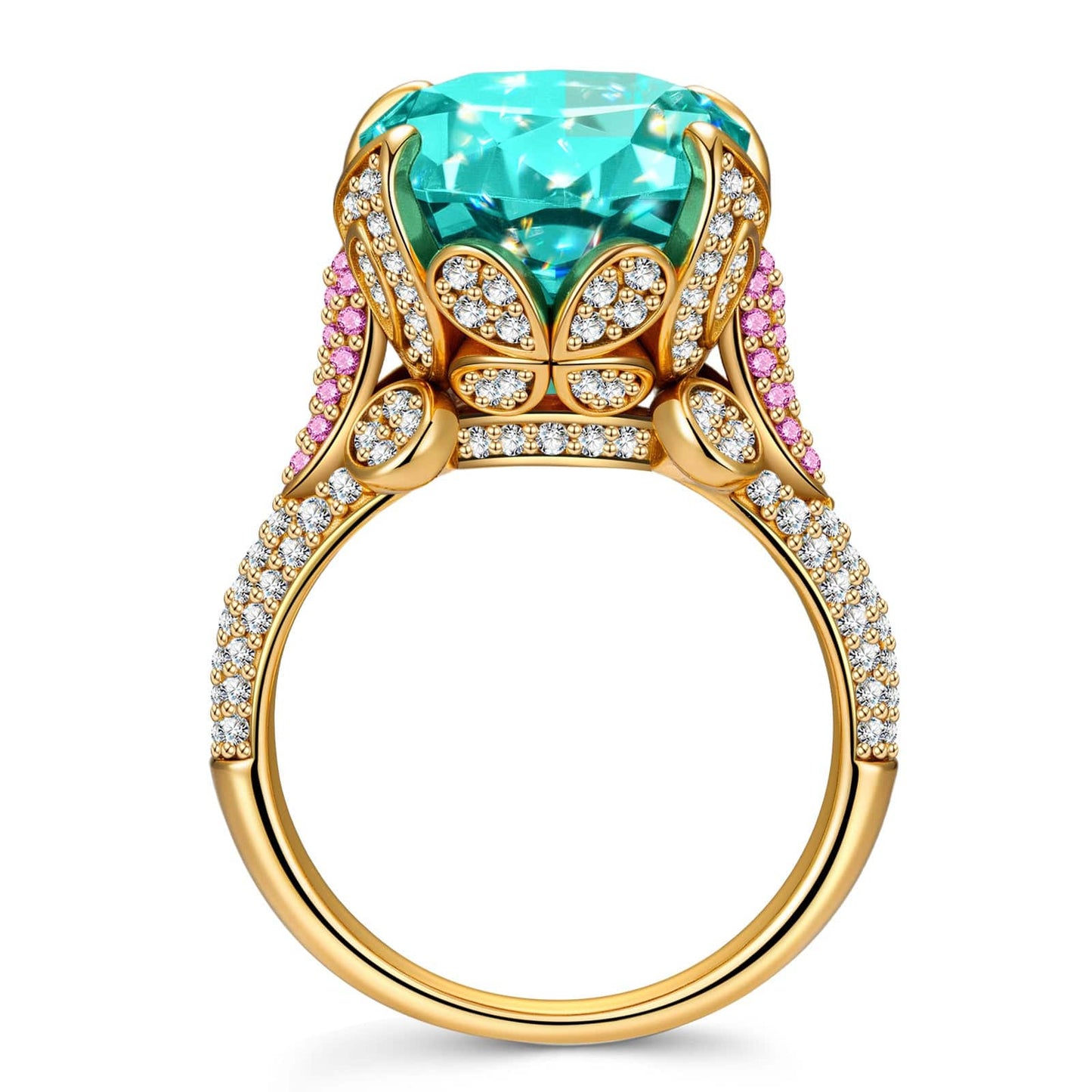 16*12mm Oval Modified Brilliant Cut Paraiba Lagoon Hue Ice-Frosted Sparkle Lab Zircon - Pave Classic Engagement Ring 14K Yellow Gold Plated