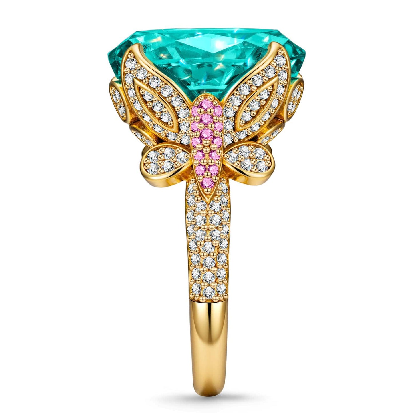 16*12mm Oval Modified Brilliant Cut Paraiba Lagoon Hue Ice-Frosted Sparkle Lab Zircon - Pave Classic Engagement Ring 14K Yellow Gold Plated