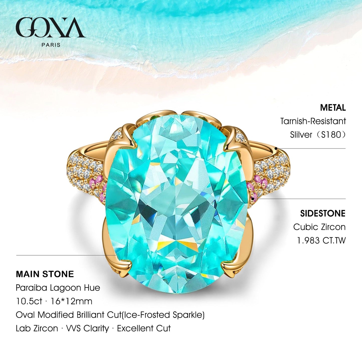 16*12mm Oval Modified Brilliant Cut Paraiba Lagoon Hue Ice-Frosted Sparkle Lab Zircon - Pave Classic Engagement Ring 14K Yellow Gold Plated
