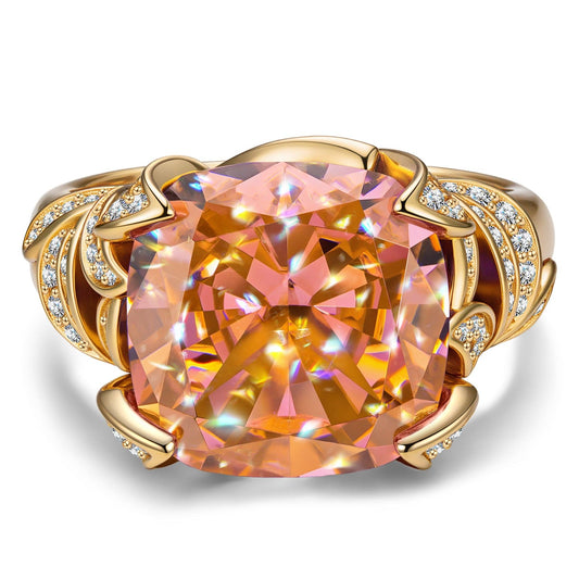 gona- 12*12mm Cushion Modified Brilliant Cut Padparadscha Sunset Glow Ice-Frosted Sparkle Lab Zircon - Pave Classic Engagement Ring 14K Yellow Gold Plated