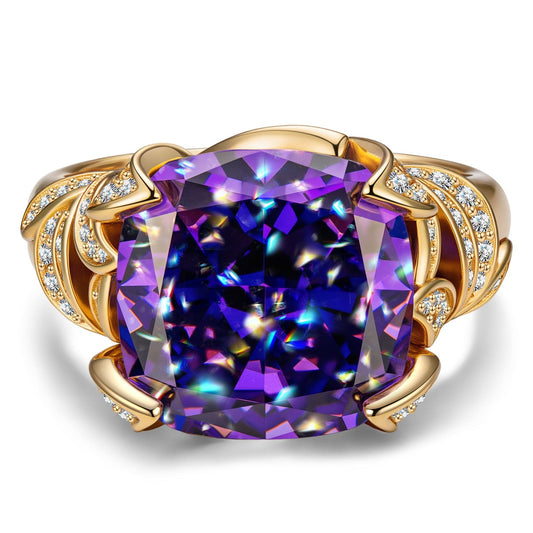 gona- 12*12mm Cushion Modified Brilliant Cut Fancy Vivid Violet Hue Ice-Frosted Sparkle Lab Zircon - Pave Classic Engagement Ring 14K Yellow Gold Plated