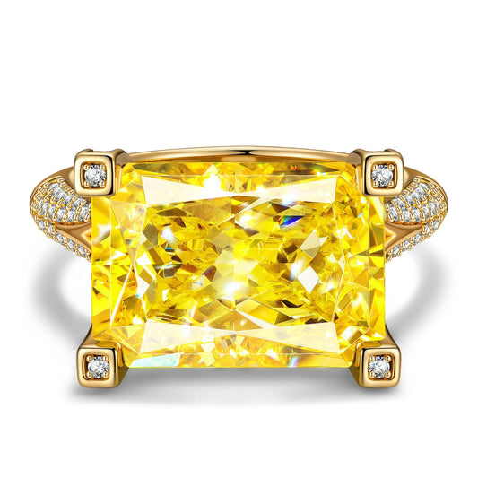 gona- 14*10mm Radiant Modified Brilliant Cut Fancy Vivid Yellow Ice-Frosted Sparkle Lab Zircon - Pave Classic Engagement Ring 14K Yellow Gold Plated