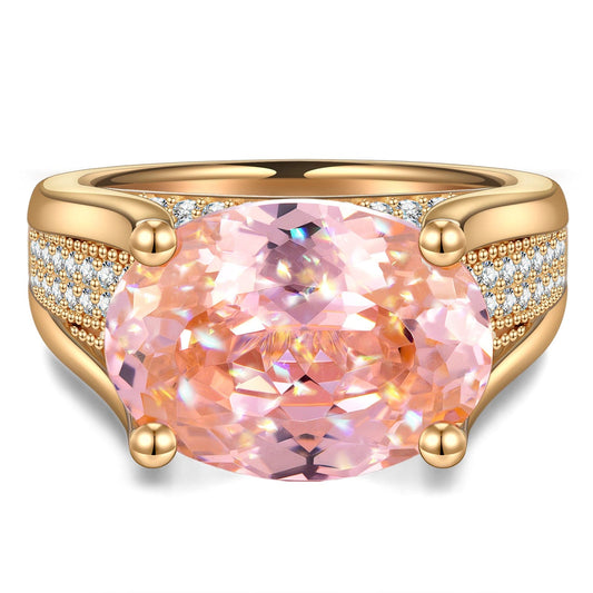 gona- 14*10mm Oval Modified Brilliant Cut Padparadscha Sunset Glow Ice-Frosted Sparkle Lab Zircon - Pave Classic Engagement Ring 14K Yellow Gold Plated