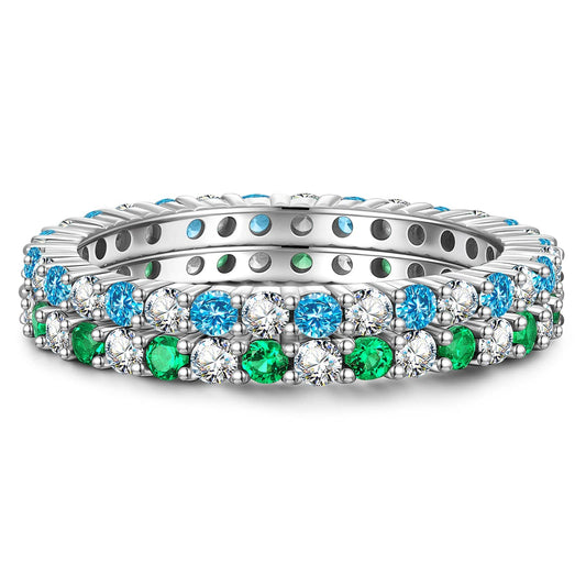 gona- 2*2mm Round Brilliant Cut Fancy Vivid Blue Lab Zircon and Mint Green Lab Zircon Stackable Rings Set - Eternity Rings Classic Wedding Bands White Gold Plated