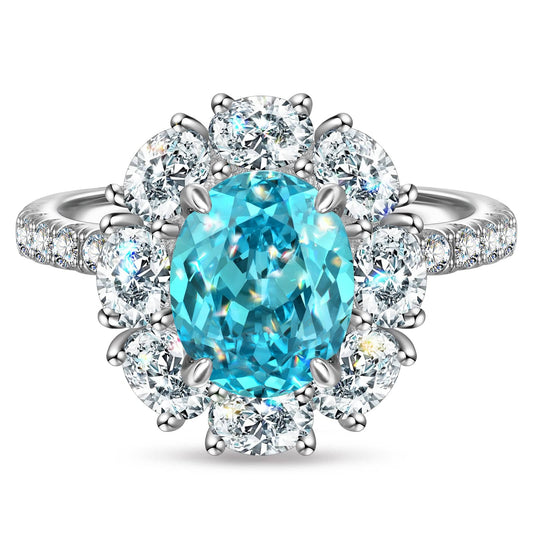 gona- 7*9mm Oval Modified Brilliant Cut Fancy Vivid Blue Ice-Frosted Sparkle Lab Zircon - Halo Classic Engagement Ring White Gold Plated