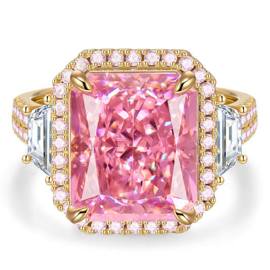gona- 12*10mm Radiant Modified Brilliant Cut Padparadscha Sunset Glow Ice-Frosted Sparkle Lab Zircon - Pave Classic Engagement Ring 14K Yellow Gold Plated