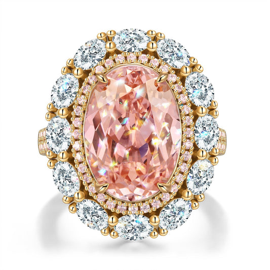 gona- 14*10mm Oval Modified Brilliant Cut Padparadscha Sunset Glow Ice-Frosted Sparkle Lab Zircon - Halo Classic Engagement Ring 14K Yellow Gold Plated