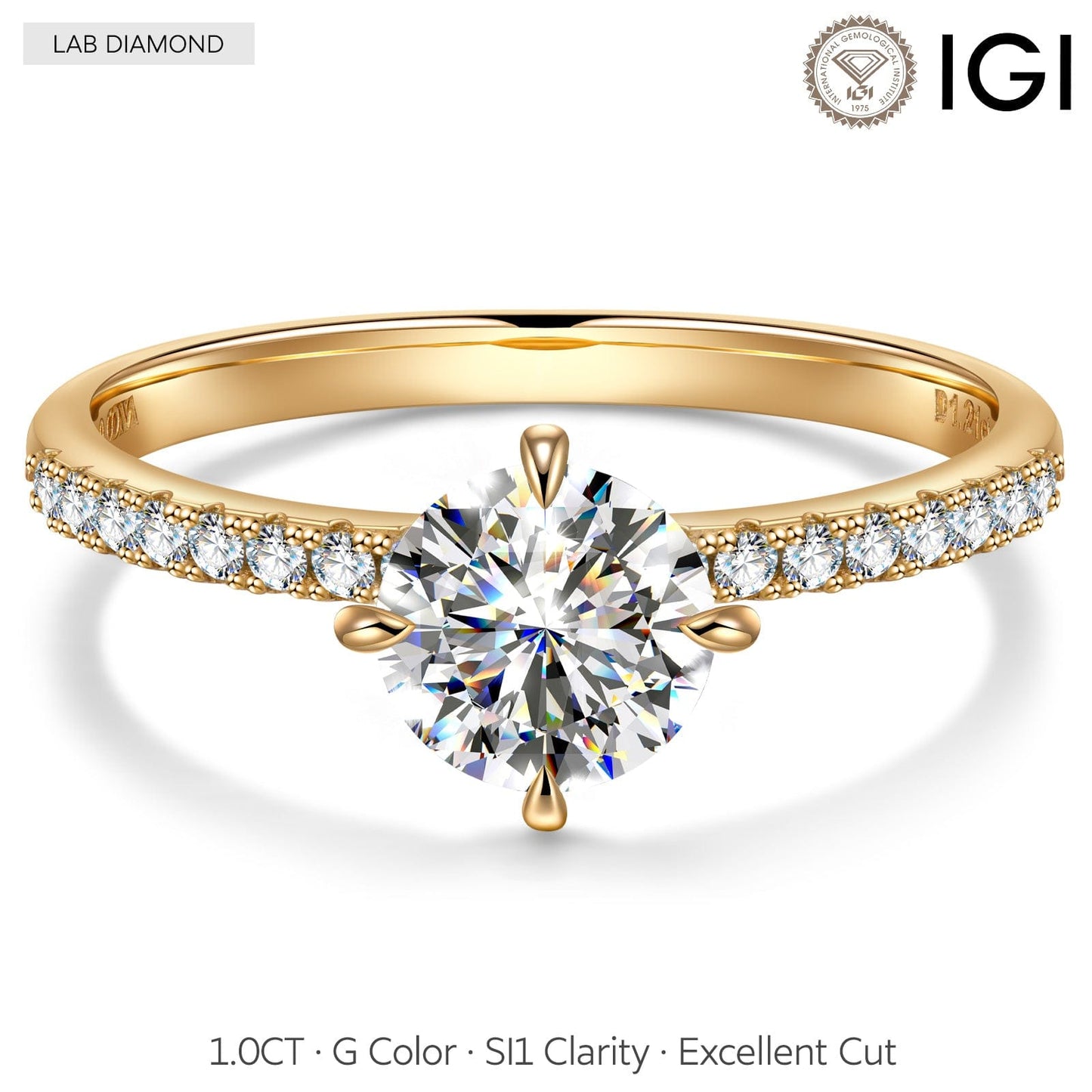 IGI Certified Lab-Grown Round Brilliant Cut Diamond - Hidden Halo Classic Engagement Ring 14K Yellow Gold Plated (Includes IGI Certification from International Gemological Institute)
