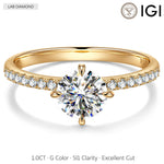 IGI Certified Lab-Grown Round Brilliant Cut Diamond - Hidden Halo Classic Engagement Ring 14K Yellow Gold Plated (Includes IGI Certification from International Gemological Institute)