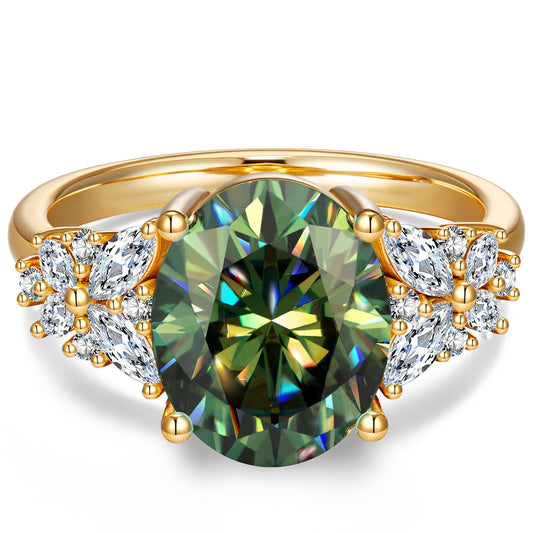 gona- Oval Brilliant Cut Original Blue-Green Hue Lab-Certified Moissanite - Halo Classic Engagement Ring 14K Yellow Gold Plated (Includes GRA Certification from Gemological Research Association)