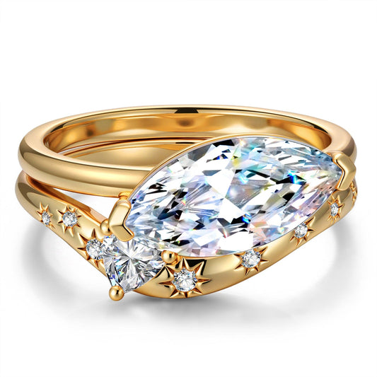 gona- Lab-Certified Marquise Brilliant Cut Moissanite - Classic Stackable Ring Sets 14K Yellow Gold Plated (Includes GRA Certification from Gemological Research Association)