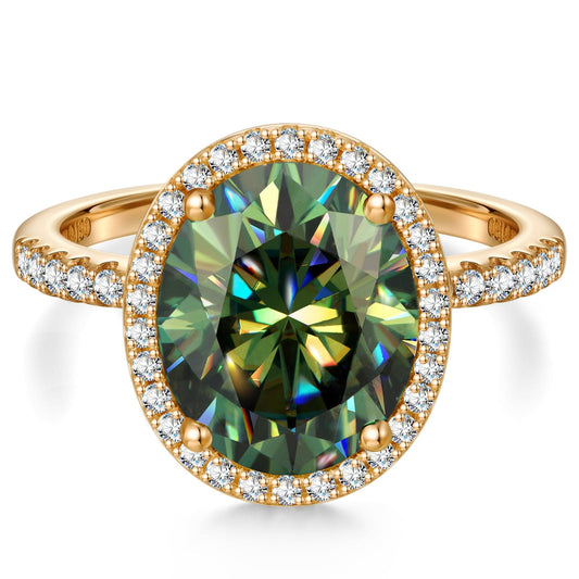 gona- Oval Brilliant Cut Original Blue-Green Hue Lab-Certified Moissanite - Halo Classic Engagement Ring 14K Yellow Gold Plated (Includes GRA Certification from Gemological Research Association)
