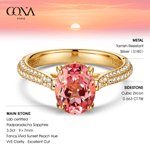 Oval Brilliant Cut Fancy Vivid Sunset Peach Hue Lab-Certified Padparadscha Sapphire - Halo Classic Engagement Ring 14K Yellow Gold Plated (Includes GRC Certification from Gemstone Research Center)
