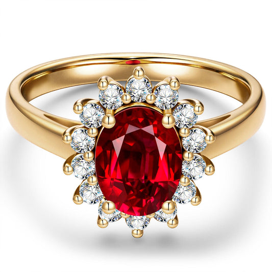 gona- Oval Brilliant Cut Vivid Pigeon Blood Red Lab-Certified Ruby - Halo Classic Engagement Ring 14K Yellow Gold Plated (Includes GRC Certification from Gemstone Research Center)