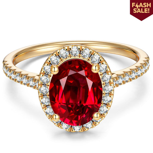 gona- Oval Brilliant Cut Vivid Pigeon Blood Red Lab-Certified Ruby - Halo Classic Engagement Ring 14K Yellow Gold Plated (Includes GRC Certification from Gemstone Research Center)