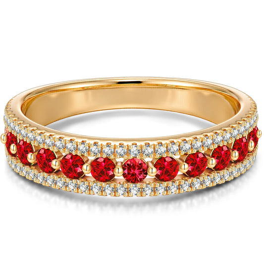 gona- Round Brilliant Cut Vivid Pigeon Blood Red Lab-Certified Ruby - Half Eternity Ring 14K Yellow Gold Plated (Includes GRC Certification from Gemstone Research Center)