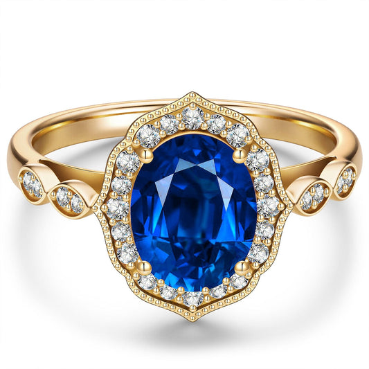 gona- Oval Brilliant Cut Royal Blue Hue Lab-Certified Blue Sapphire - Halo Classic Engagement Ring 14K Yellow Gold Plated (Includes GRC Certification from Gemstone Research Center)