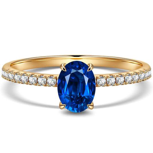 gona- Oval Brilliant Cut Royal Blue Hue Lab-Certified Blue Sapphire - Pave Classic Engagement Ring 14K Yellow Gold Plated (Includes GRC Certification from Gemstone Research Center)