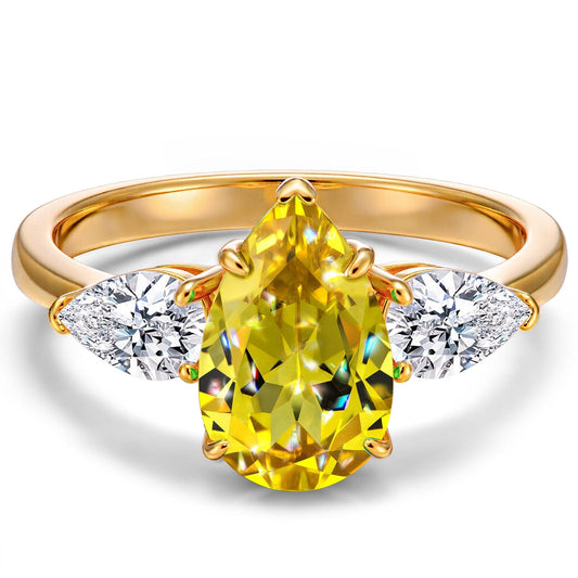 gona- Pear Brilliant Cut Fancy Vivid Yellow Lab-certified Yellow Sapphire - Three Stone Classic Engagement Ring 14K Yellow Gold Plated (Includes GRC Certification from Gemstone Research Center)