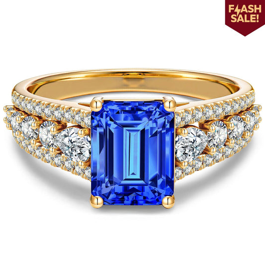 gona- Emerald-Cut Royal Blue Hue Lab-Certified Blue Sapphire - Pave Classic Engagement Ring 14K Yellow Gold Plated (Includes GRC Certification from Gemstone Research Center)