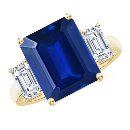 gona- Emerald-Cut Royal Blue Hue Lab-Certified Blue Sapphire - Three Stone Classic Engagement Ring 14K Yellow Gold Plated (Includes GRC Certification from Gemstone Research Center)