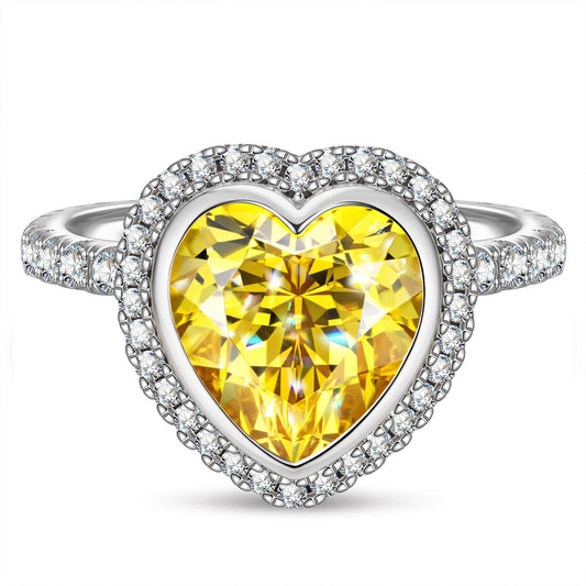 gona- 10*10mm Heart Brilliant Cut Fancy Vivid Yellow Lab-Certified Yellow Sapphire - Halo Classic Engagement Ring White Gold Plated (Includes GRC Certification from Gemstone Research Center)