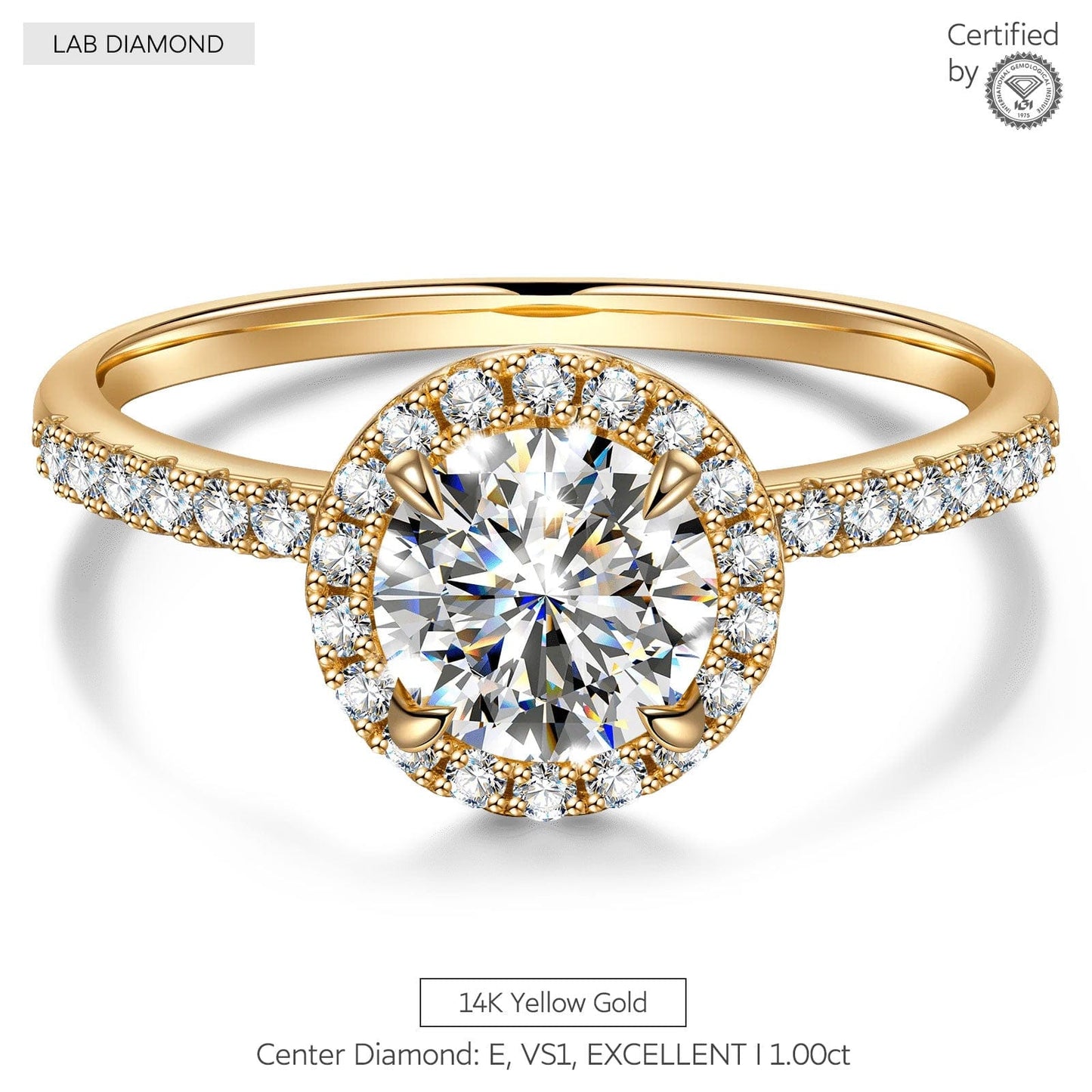 IGI Certified Lab-Grown Round Brilliant Cut Diamond - Halo Classic Engagement Ring Solid 14K Yellow Gold (Includes IGI Certification from International Gemological Institute)