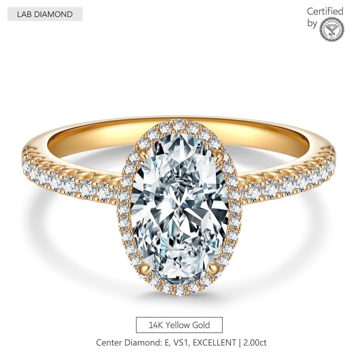 IGI Certified Lab-Grown Oval Brilliant Cut Diamond - Halo Classic Engagement Ring Solid 14K Yellow Gold (Includes IGI Certification from International Gemological Institute)