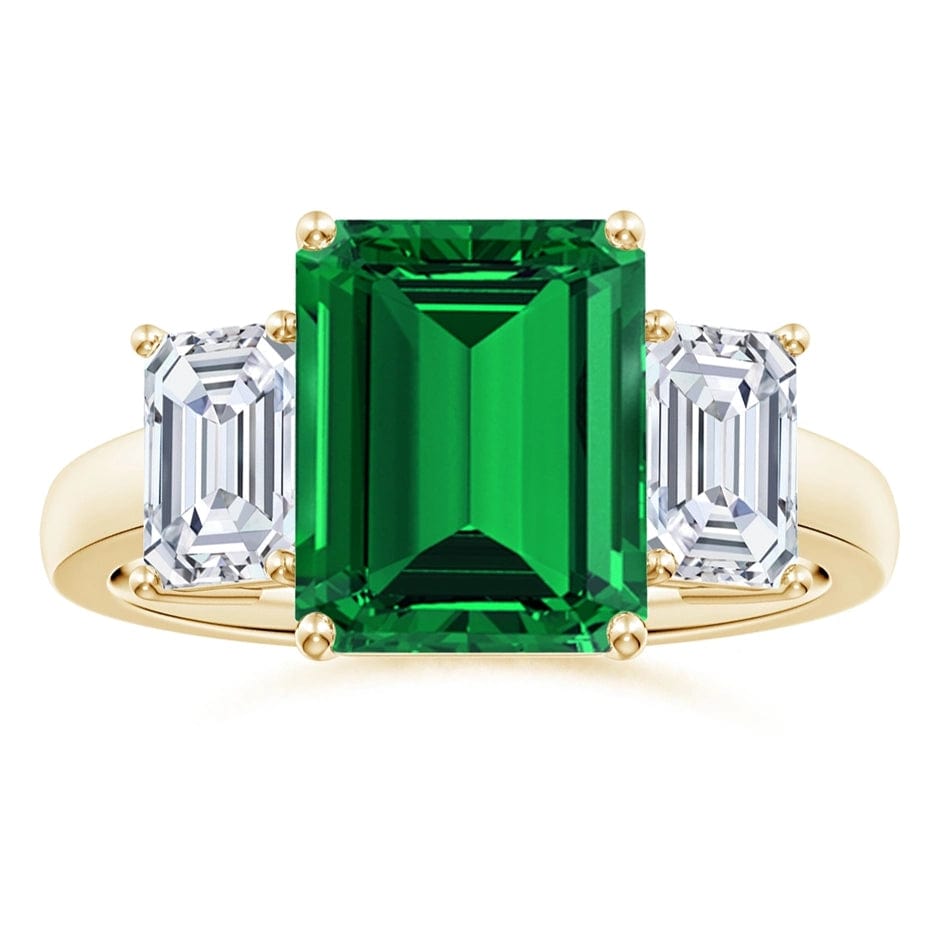 Lab-Grown Emerald-Cut Emerald - Three Stone Classic Engagement Ring 14K Yellow Gold