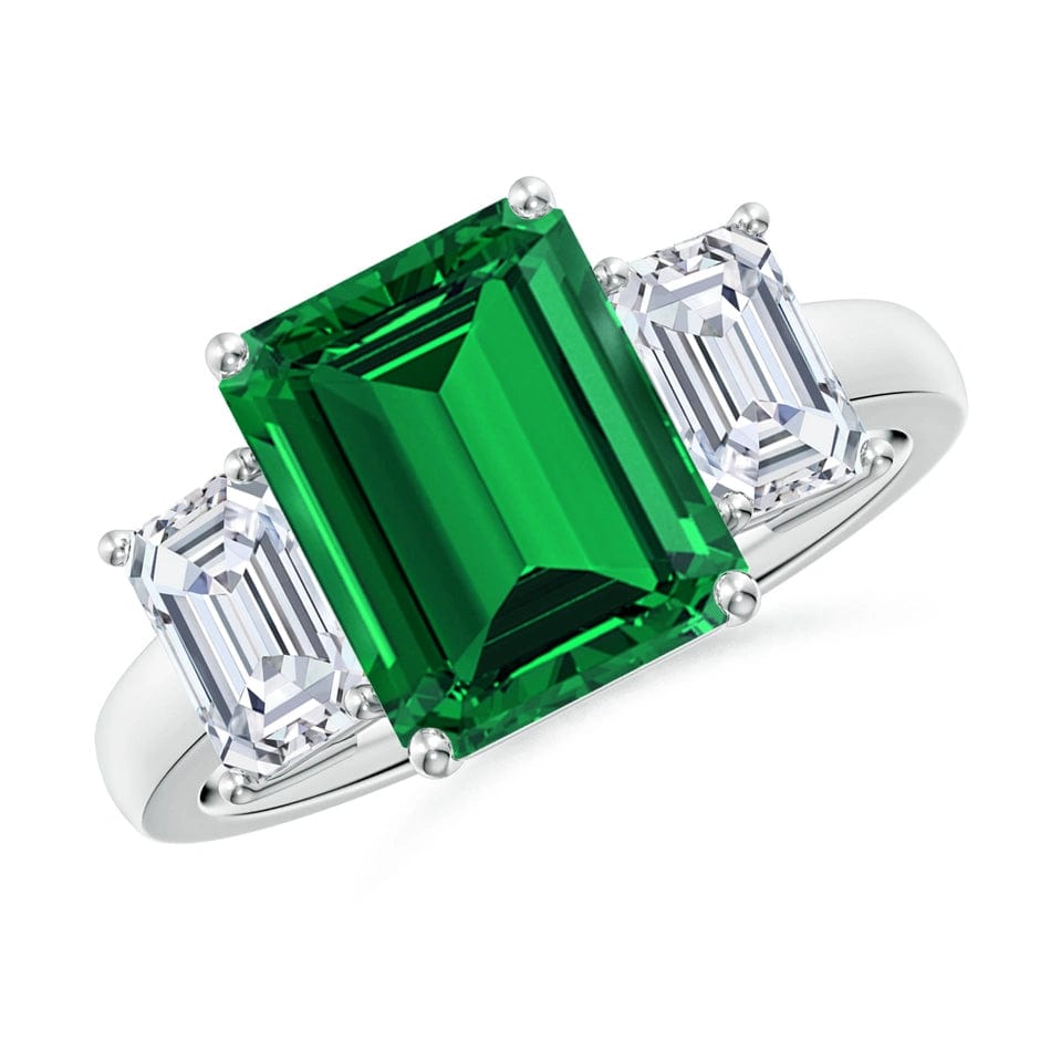 Lab-Grown Emerald-Cut Emerald - Three Stone Classic Engagement Ring 14K White Gold