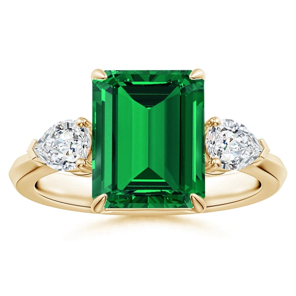 Lab-Grown Emerald-Cut Emerald - Three Stone Classic Engagement Ring 14K Yellow Gold