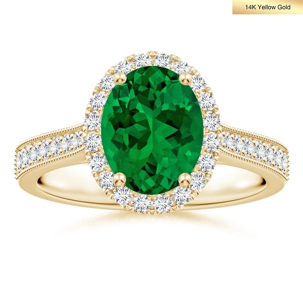 Lab-Grown Oval Brilliant Cut Emerald - Halo Classic Engagement Ring 14K Yellow Gold